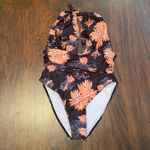 Floral Keyhole Halter Top One Piece Swim Suit - Picture 1 of 6